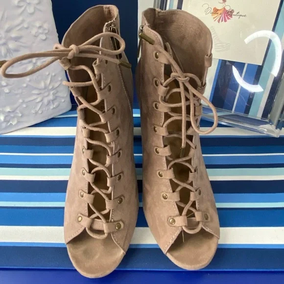 Light brown/beige suede like lace up open toe chunky high heel ankle booties - Picture 9 of 15